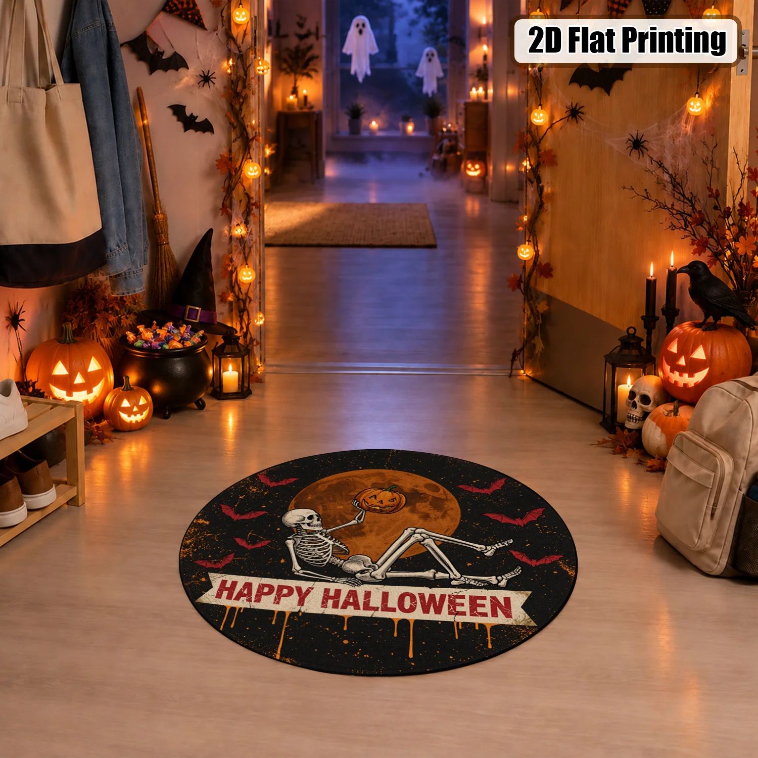 Skeleton Pumpkin Bat Moon Pattern Round Velvet Mat Machine Washable for Living Room Bedroom Entryway Dining Room Halloween Thanksgiving Black Friday Cyber Monday Christmas New Year