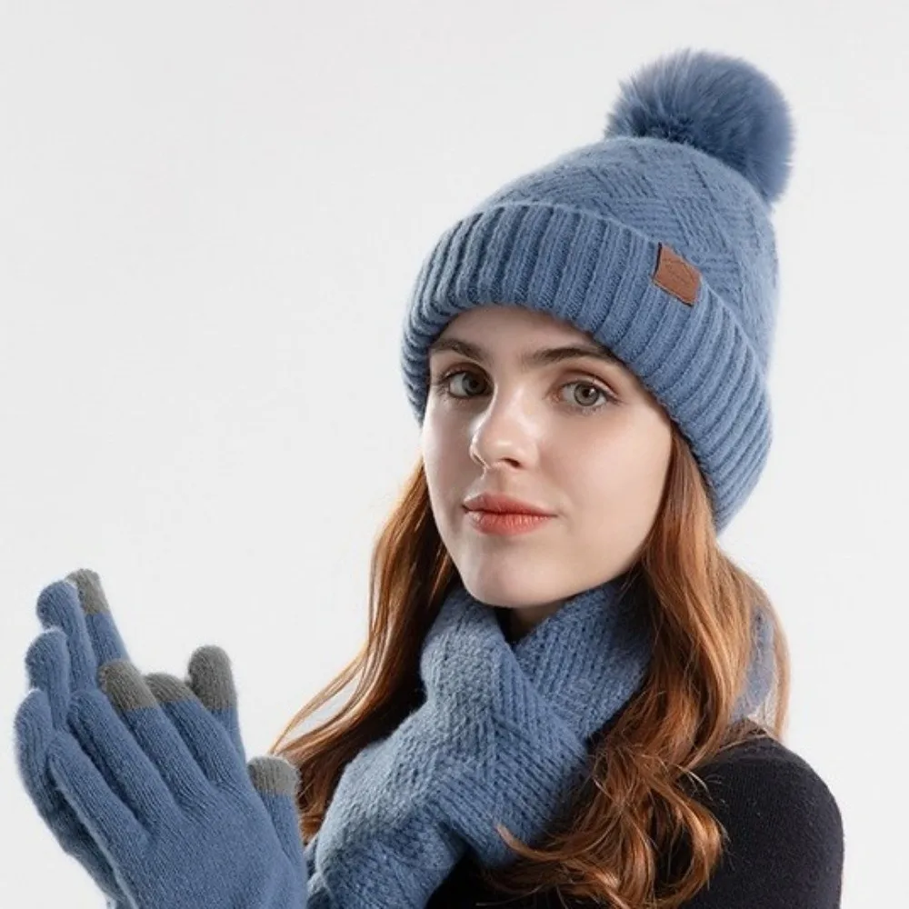3Pcs/Set Warm Winter Hat Scarf Gloves Set Lining Windproof Scarf Neck Warmer Suit Soft Elastic Knit Beanie Snood Set