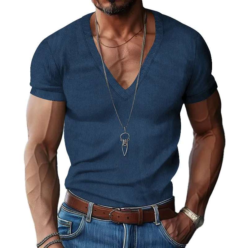 Men's CorduroyTSummer T-Shirt, Monochromatic, Slim Top, Short Sleeve, Casual