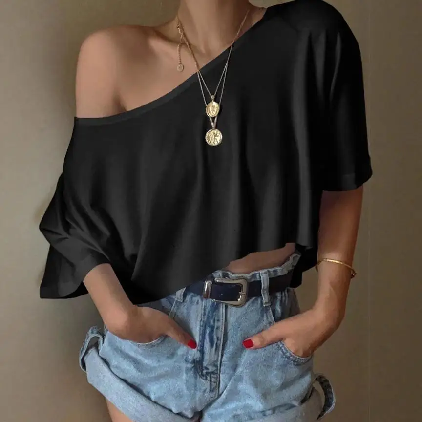 Women's ort Sve Cropped irt Loose Fit Polyester Fabric  Color T-irt European Sle Spring Summer Casual Wear