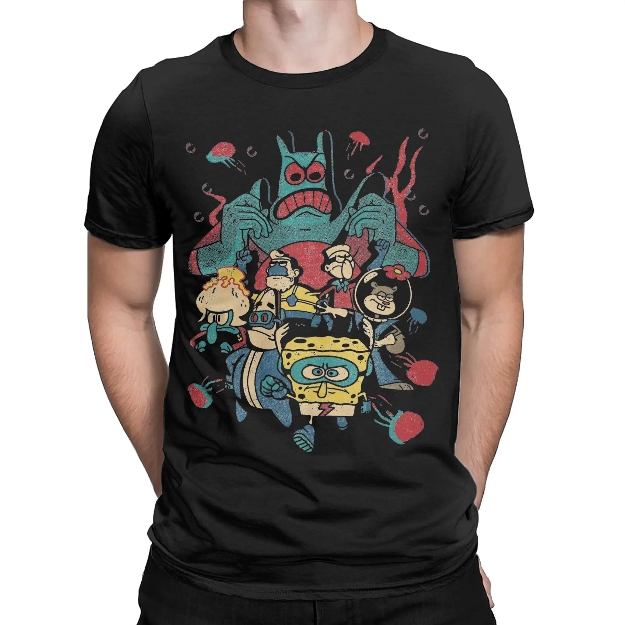 Harajuku Spongebobed Retro Superhero Group Tshirts Men's O-neck Short Sleeve Clothing  Cotton Summer Top Tee