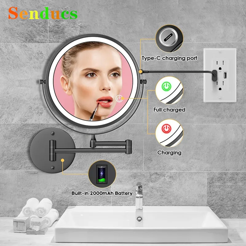 Charger Touch Led Folding Bathroom Mirrors with 5X Magnifying Makeup Mirror Wall Mounted Dual Arm Extend Led Bathroom Mirror