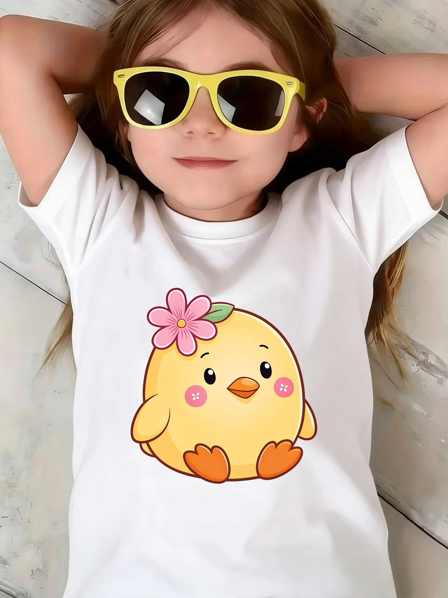 Kids Boys Girls Matching Tee Yellow Chick Pink Flower Graphic Short Sleeve Crew Neck Toddler Casual Spring Holiday Daily Outfit
