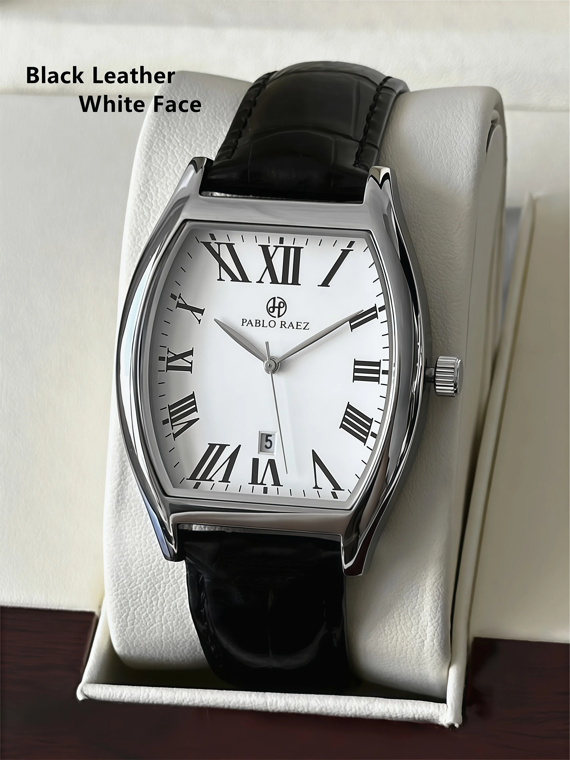 PABLO RAEZ Men's Luxury Quartz Watch Waterproof Leather Wristwatch with Barrel Shape Design Date Function Top Brand Male Clock R