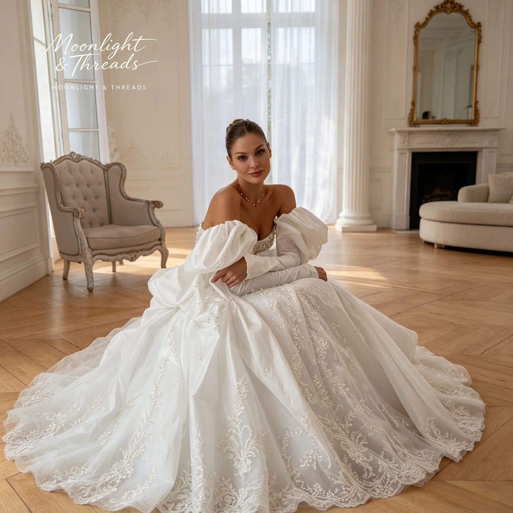 Princess Style Sweetheart Neck Puff Shoulder Long Sleeve Beaded Corset Satin Ball Gown Wedding Dress For Bridal Events