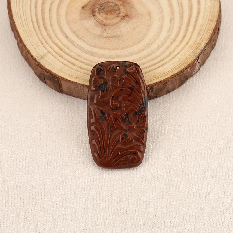 Natural Mahogany Obsidian Hand Carved Flower Rectangle Pendant Beads for Jewelry Making, Handmade Natural stones beads