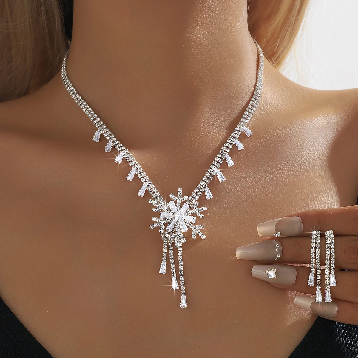 Cross border diamond studded geometric necklace earring set, light luxury collarbone chain, temperament jewelry wholesale