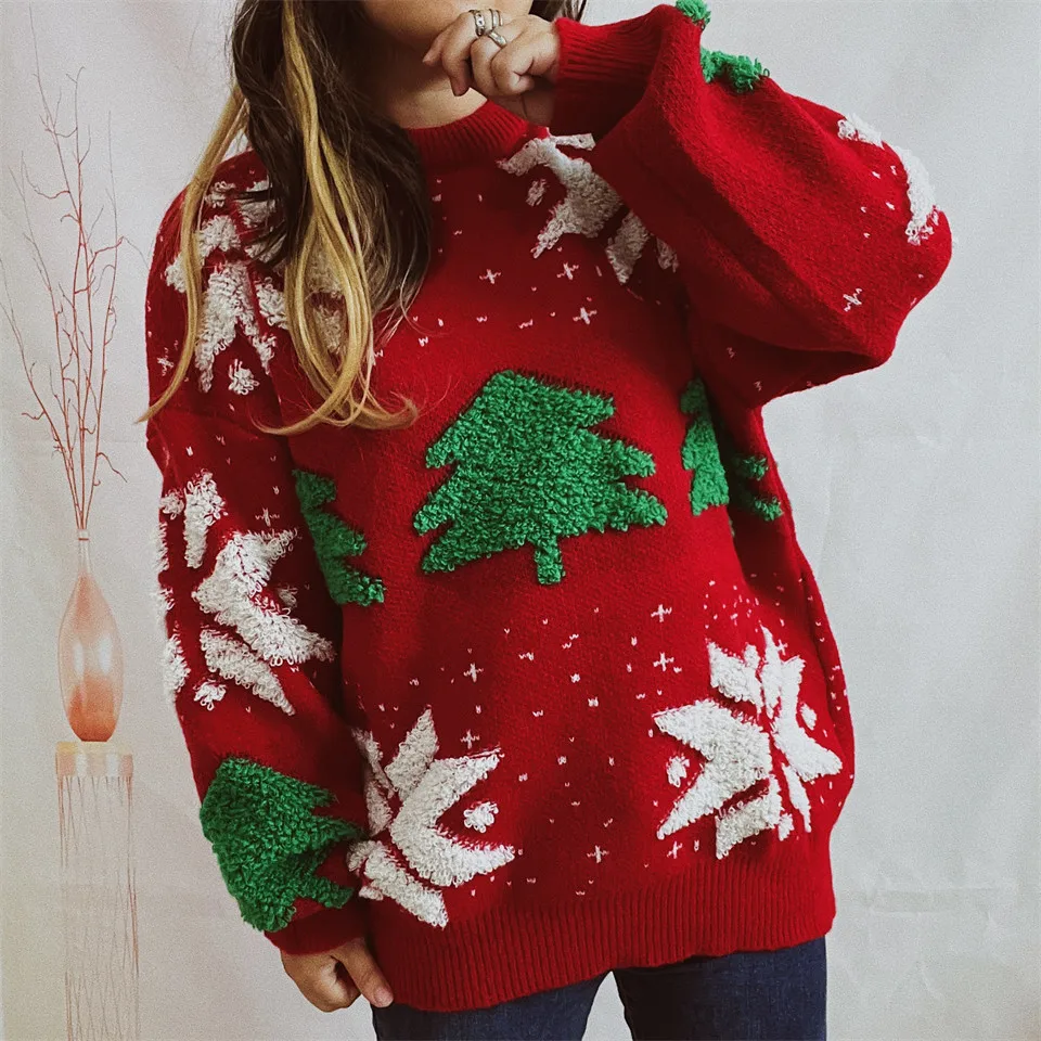 New Elegant Sweater Woman Festive Stylish Christmas Tree Print Evening Party Versatile Sweater Roupas De Inverno Feminina Mulher