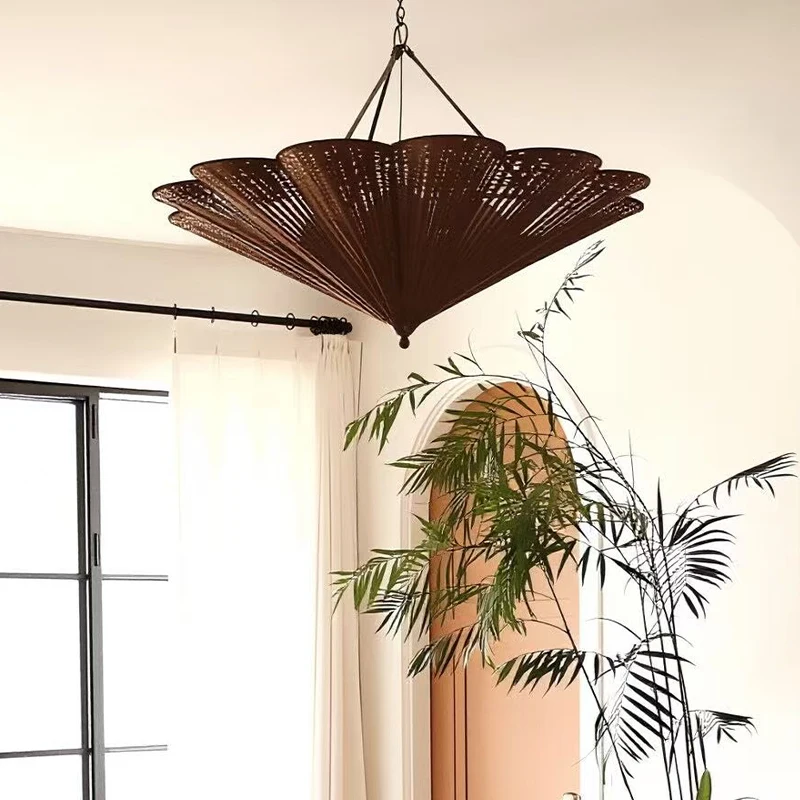 Vintage American Wabi Sabi Rattan Pendant Light Handwoven Umbrella Chandelier Living Room Bedroom Dining Room Indoor Home Decor