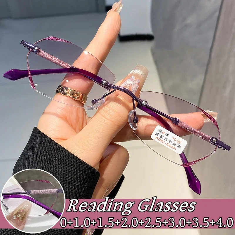 

Luxury Ladies Rimless Diamond Cutting Frame Presbyopia Glasses Anti Blue Light Eyeglasses Prescription Eyewear Diopter 0 To +4.0