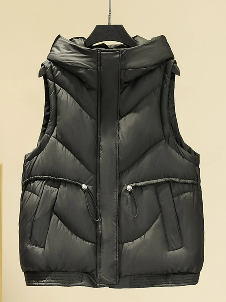 

Hooded Puffer Vest Jacket Women Elegant Chic Zipper Vest Ladies Casual Sleeveless Pocket Coat Female Warm Down Cotton Waistcoat