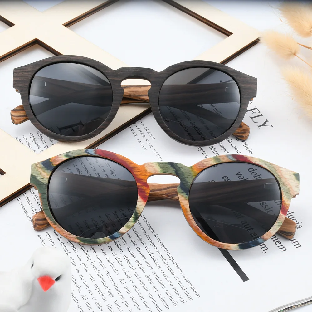 Color Graffiti Wood Sunglasses Handmade Vintage Round Sunglasses for Women Men Polarized UV400 Natural Bamboo Eyeglasses