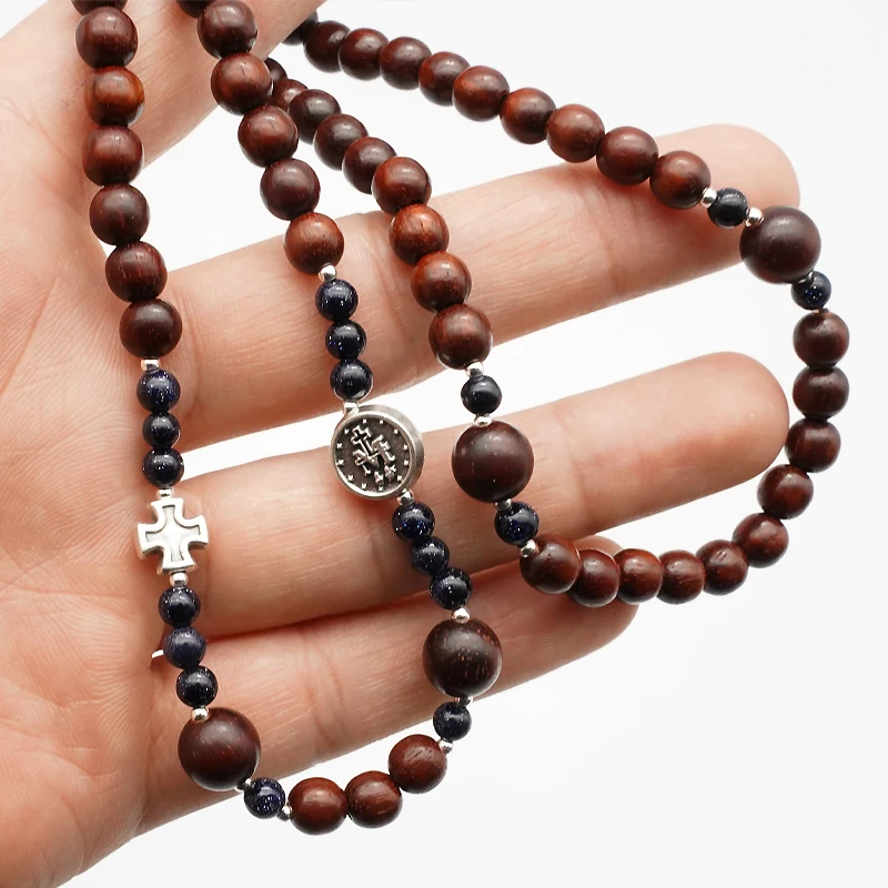 Natural Rosewood Crucifix Men's & Women's Triple Stretch Bracelet 6/8mm Virgin Handmade Rope Braided Religious Souvenir Gift