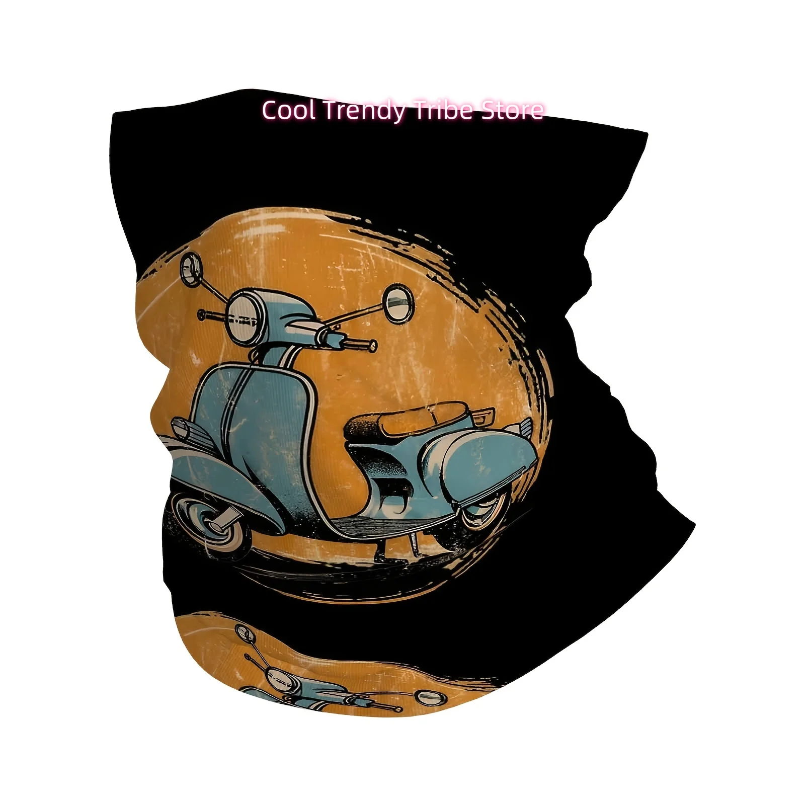 Retro Scooters, Vintage Style, Blue Orange Background Print Scarf, Multi Functional Mask and Neck Mask, Suitable for Outdoor and