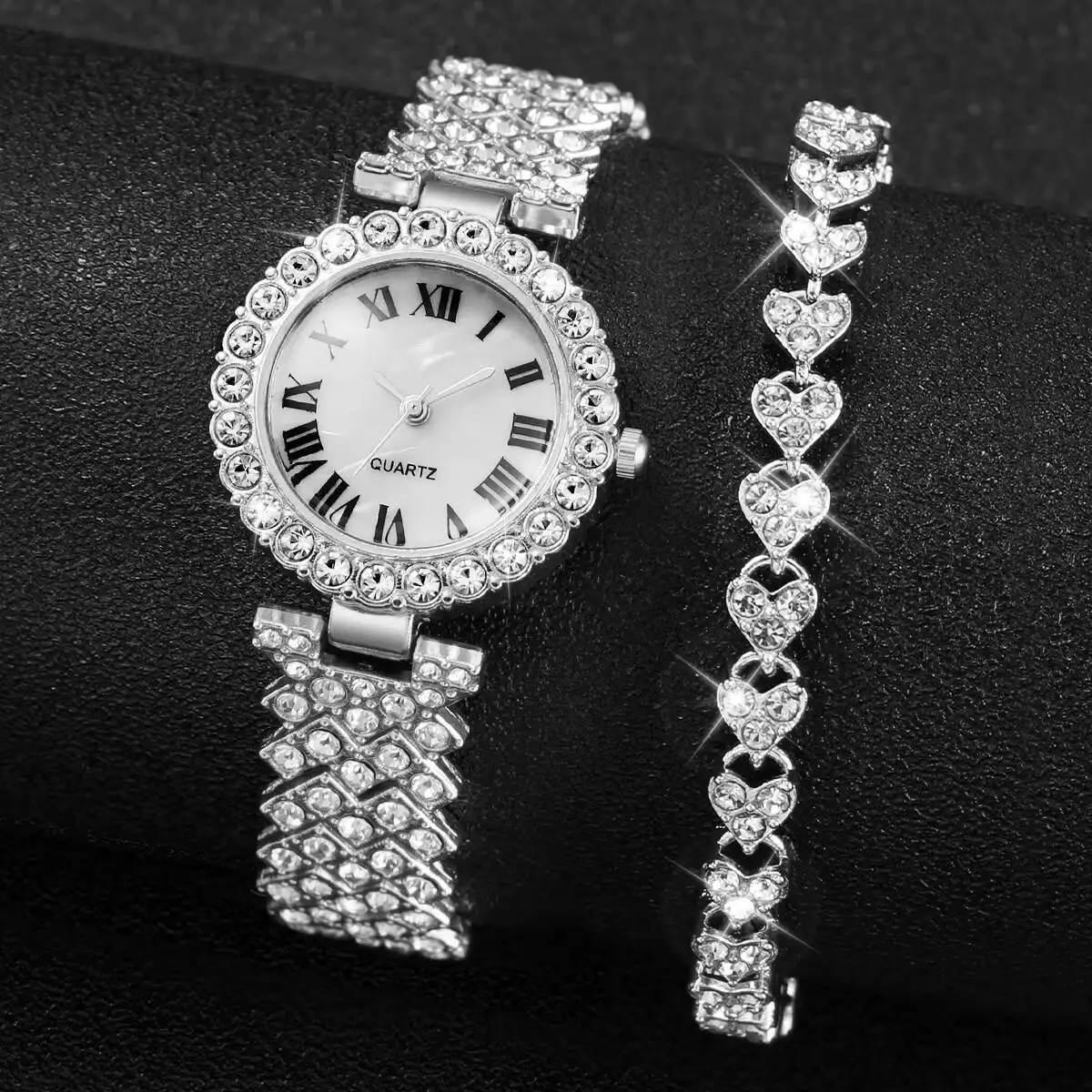 2PCS/Set Fashion Rhinestone Women's Watch Silver Band Ladies Quartz Watches Bracelet Set Reloj Mujer（Without Box）
