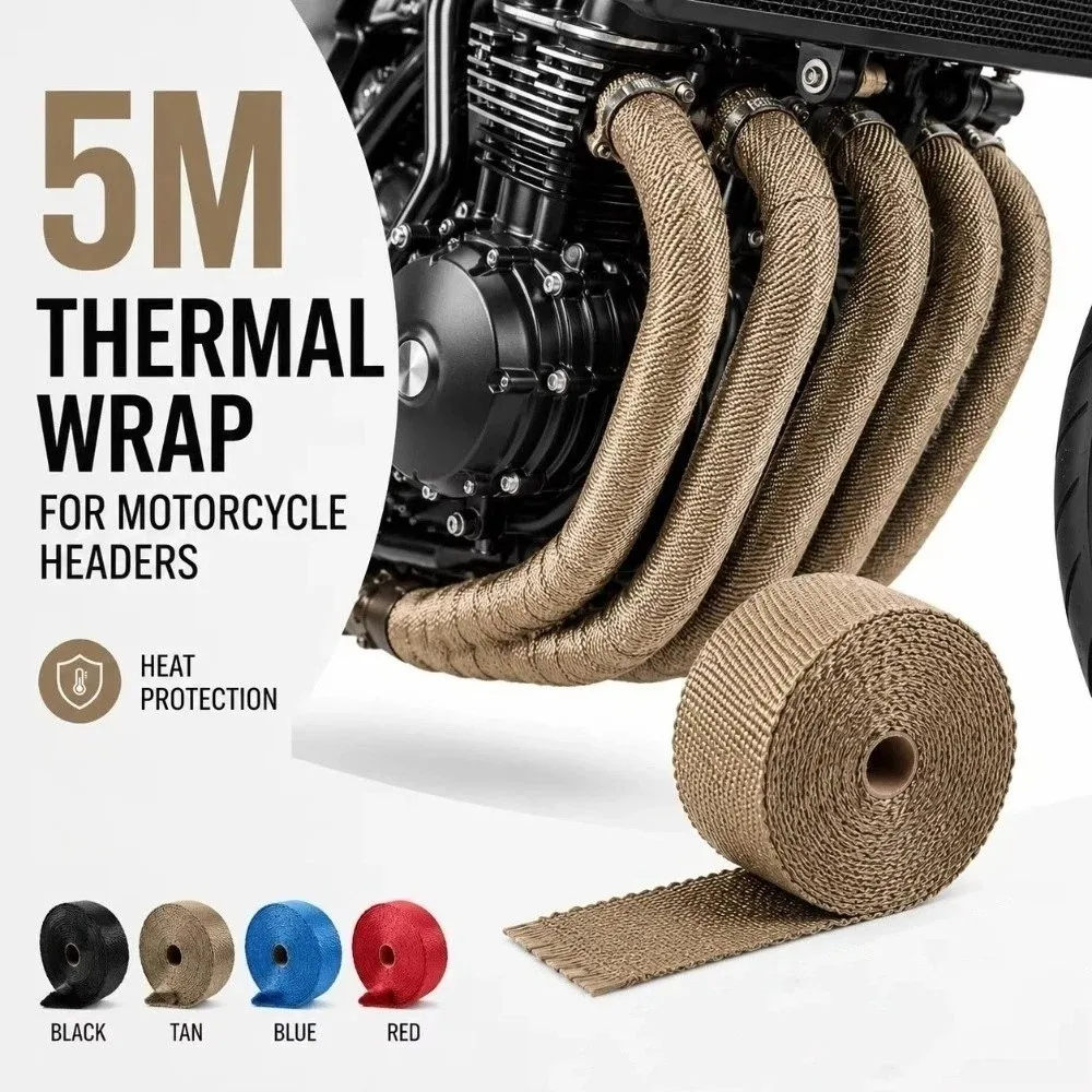 Fiberglass Exhaust Heat Wrap Thermal Insulation 5M Exhaust Wrap Tape Heat Resistant Self-Adhesive Bandage Header Pipe Wrap