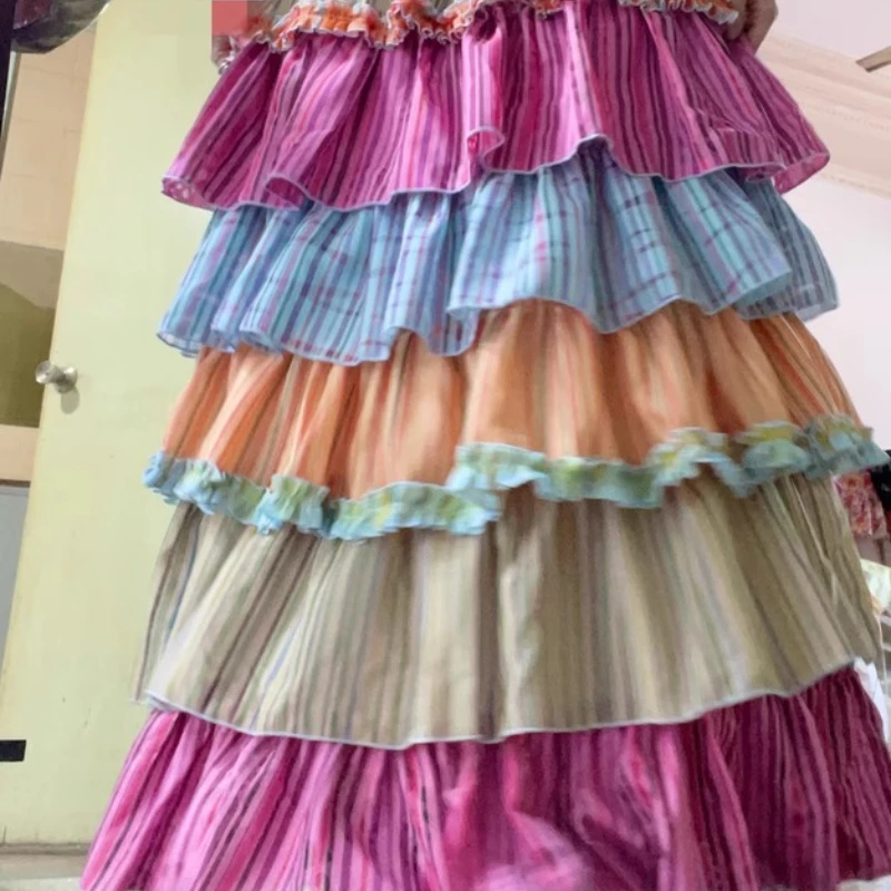 Retro Colorful Striped Splicing Lace Women's Skirt 2025 Summer New Sweet Cool Thin Fashion Level Fluffy Cake Long Skirts Ladies