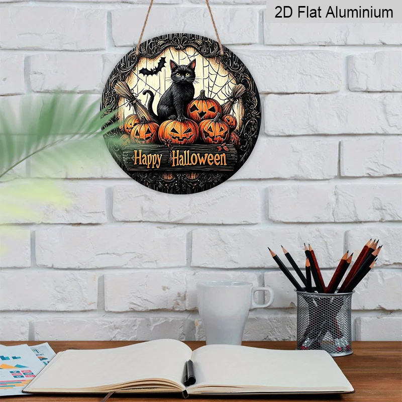 Halloween Theme Aluminum Wreath Sign, Black Cat Shape, Gothic Style Autumn Wall Hanging, Perfect for Decorating Yard, Door