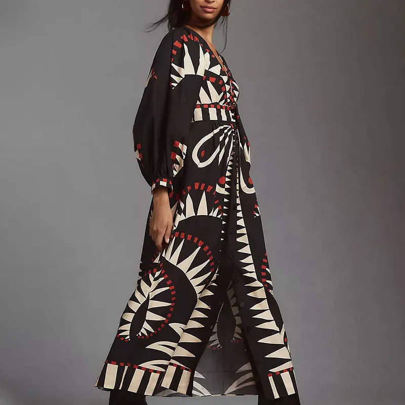 Boho Vintage Floral Dress Women's Long Sleeve Boho Dress V Neck Floral Print Casual Button Down Loose Ruffle Beach Long Dress