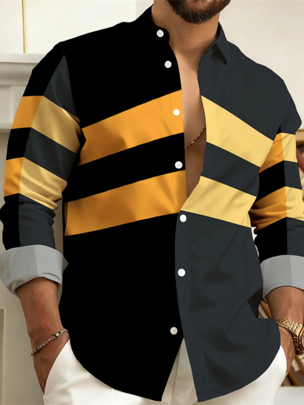 

New Men's Color-Block Striped Long-Sleeved Shirt Simple Business Casual Clothes Outdoor Street Style Men's Trendy Fashion Top