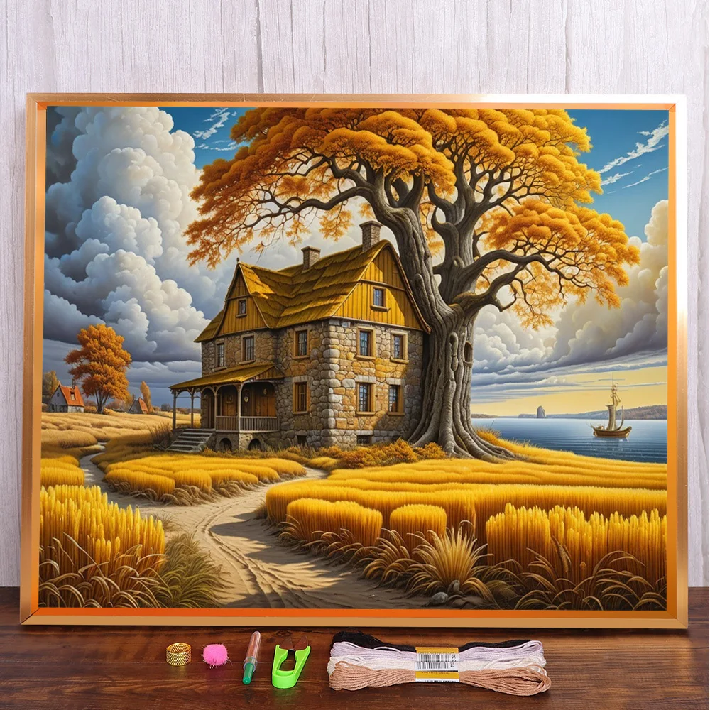 House Under Tree Printed Fabric 11CT Cross Stitch Embroidery Set Knitting Handicraft Needlework Sewing Counted Package Stamped