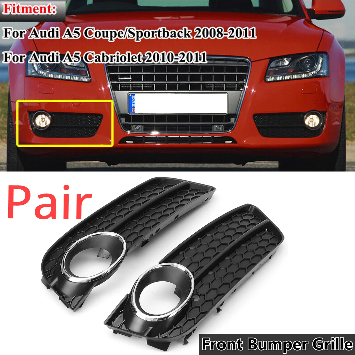 Pair Front Bumper Fog Light Grille Shell Cover Honeycomb Mesh Grille Grill Cover For Audi A5 Coupe/Sportback 2008-11 Cabriolet