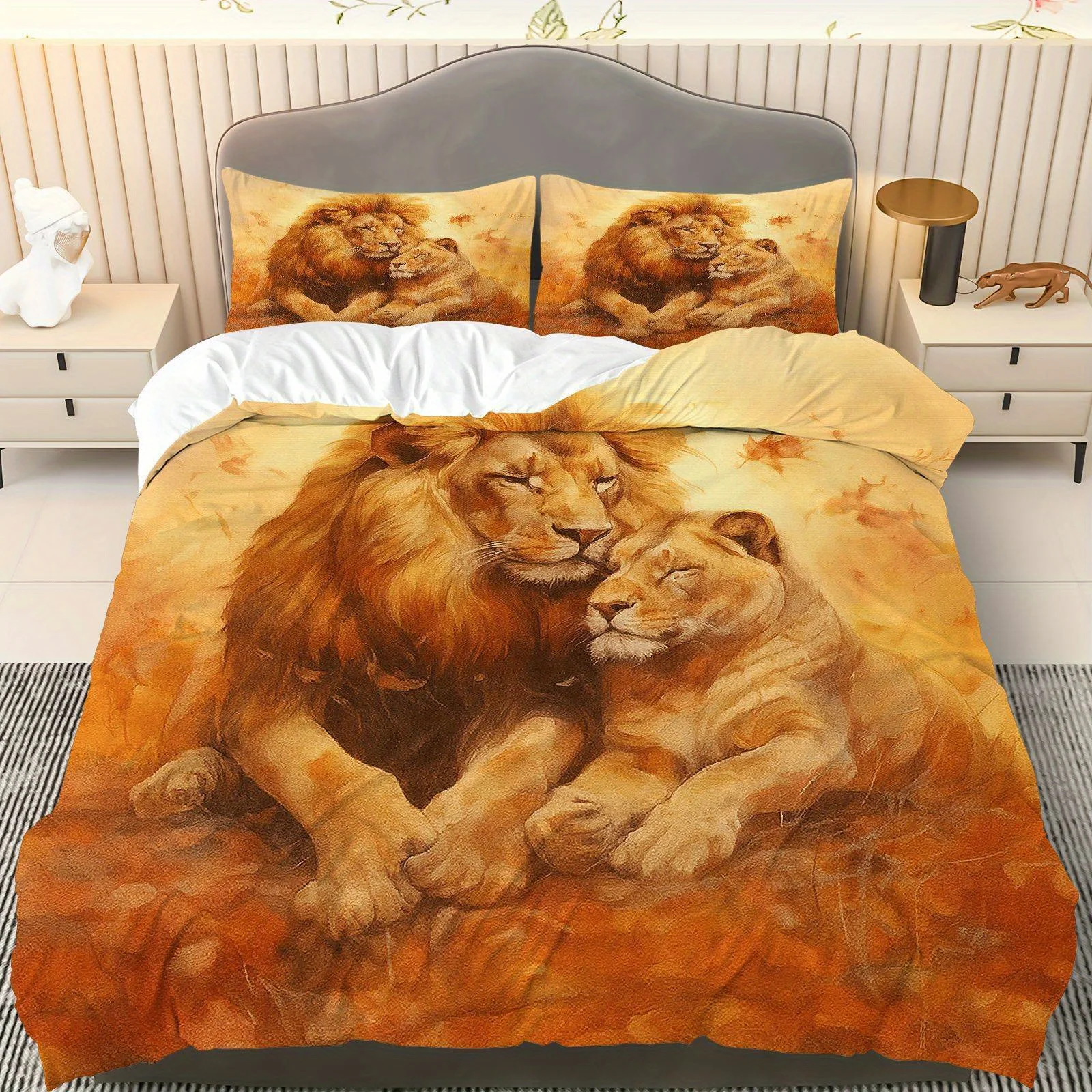 3pcs Lion Couple Bedding Set 3D Printed Single Queen Size Duvet Cover Set for Kids Adult Bedroom Home Decor Machine-washable