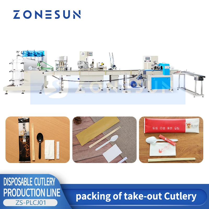 Zonesun linha de produção de embalagem de talheres de plástico descartável conjunto de talheres automático takeaway ensacamento equipamento de embalagem ZS-PLCJ01