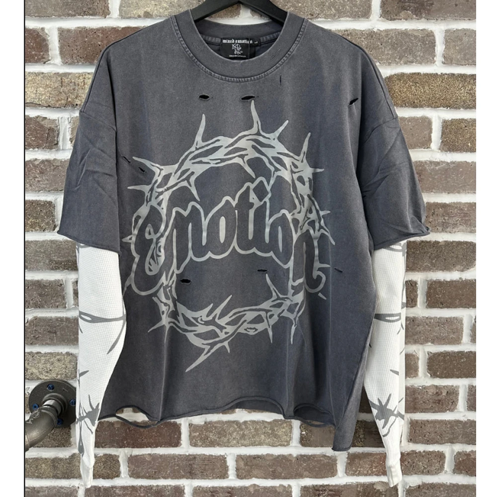 

MIXED EMOTION Long Sleeved Men Fashion Gothic Casual Hip Hop Top Tee Y2K Harajuku Print Graphic Fake Two T-shirts for Men