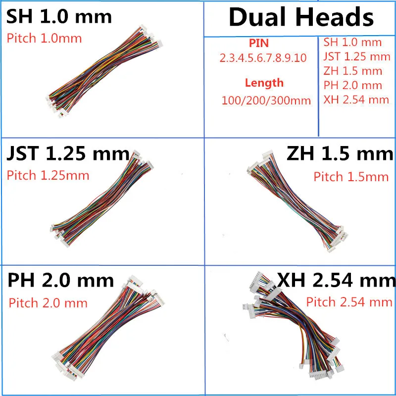 10Pcs SH1.0 JST1.25 ZH1.5 PH2.0 XH2.54 Double Head Wire Cable Connector   JST Pitch 1.0/1.25/1.5/2.0/2.54mm 2/3/4/10 Pin Female