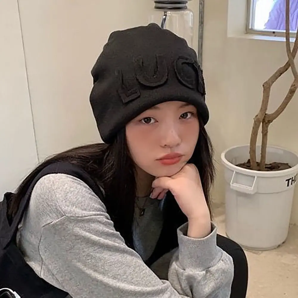 Polyester Fiber Women Beanie Hat Letter Embroidery Soft Knit Fabric Slouchy Stack Cap Korean Japanese Style Pull On Hat