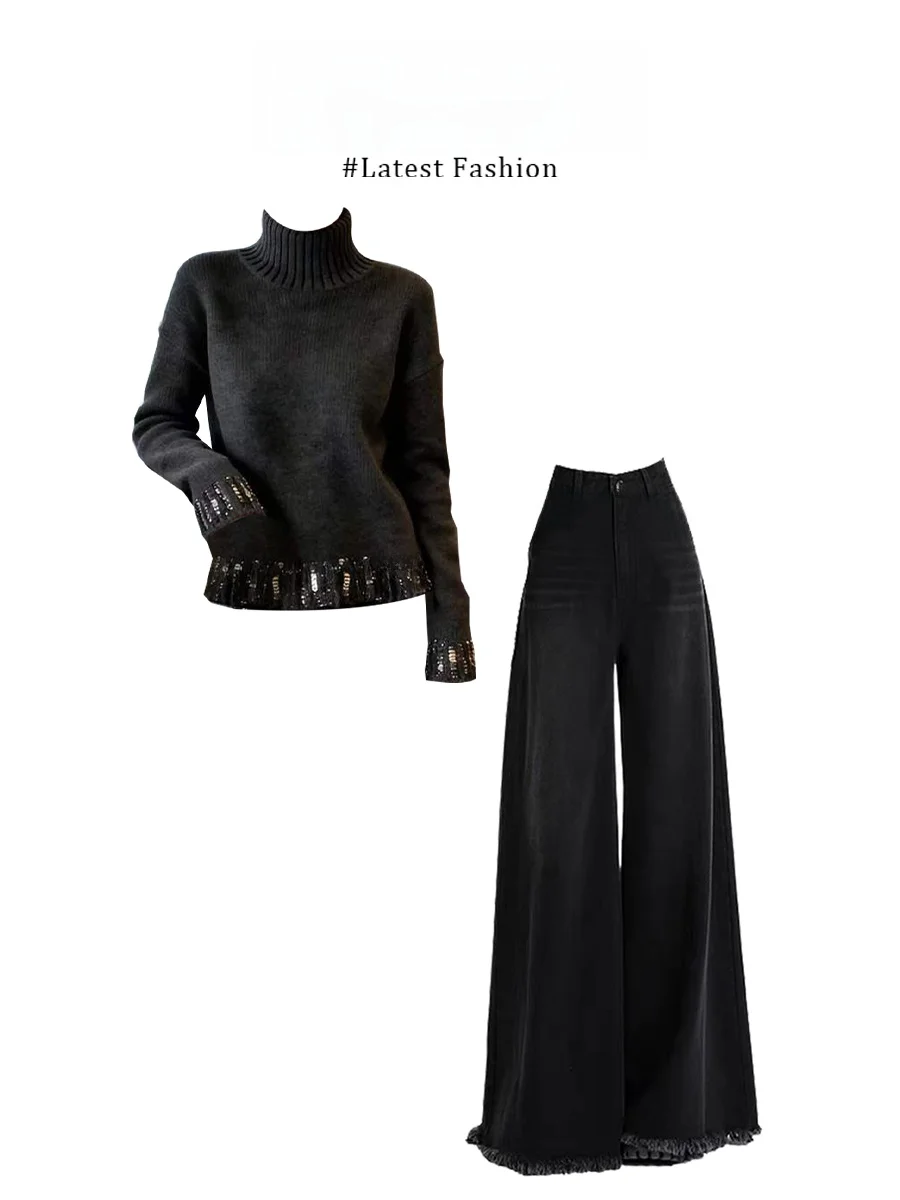Conjunto de suéter de punto brillante y pantalones vaqueros, conjunto gris brillante de manga larga con cuello redondo, estilo informal, conjunto de moda de primavera para mujer