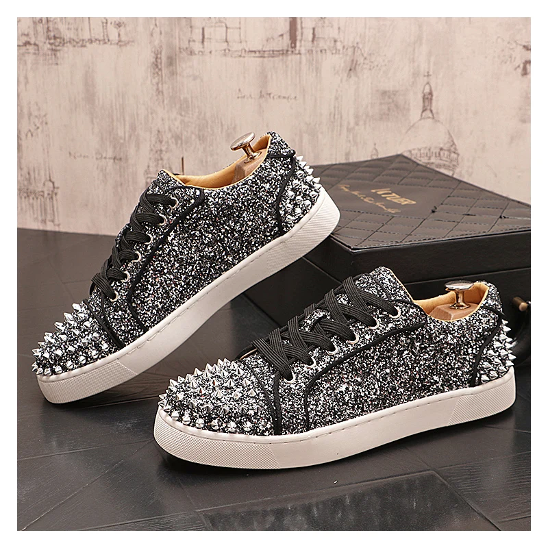 italian brand designer rivets shoes for men luxury fashion stage nightclub spikes studded shoe black silver soft leather sneaker