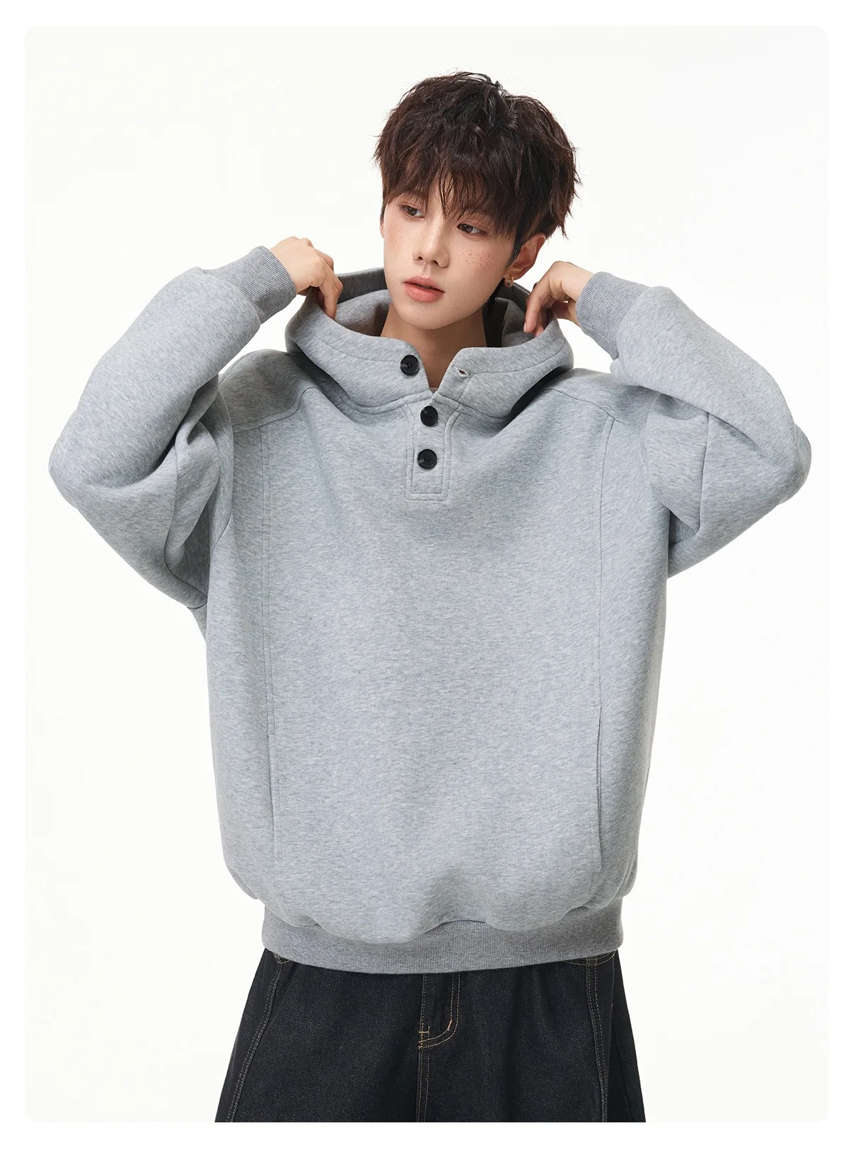 Autumn Winter New Button Half High Neck Hoodie for Men Korean Fashion Harajuku Simple Solid Men's Casual Loose Hooded Sweatshirt