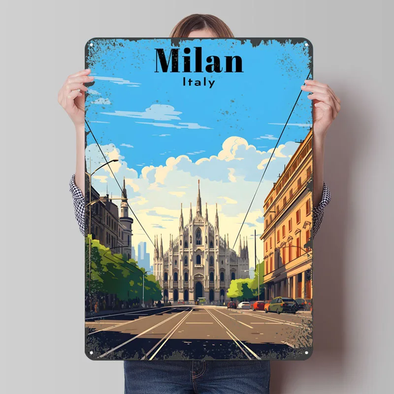 Mailand Italien Reiseplakat Reise Metallplakat Ästhetische Raumdekoration Männer Anpassbare Metallblechschilder für Wandkunst Dekoration Schüssel