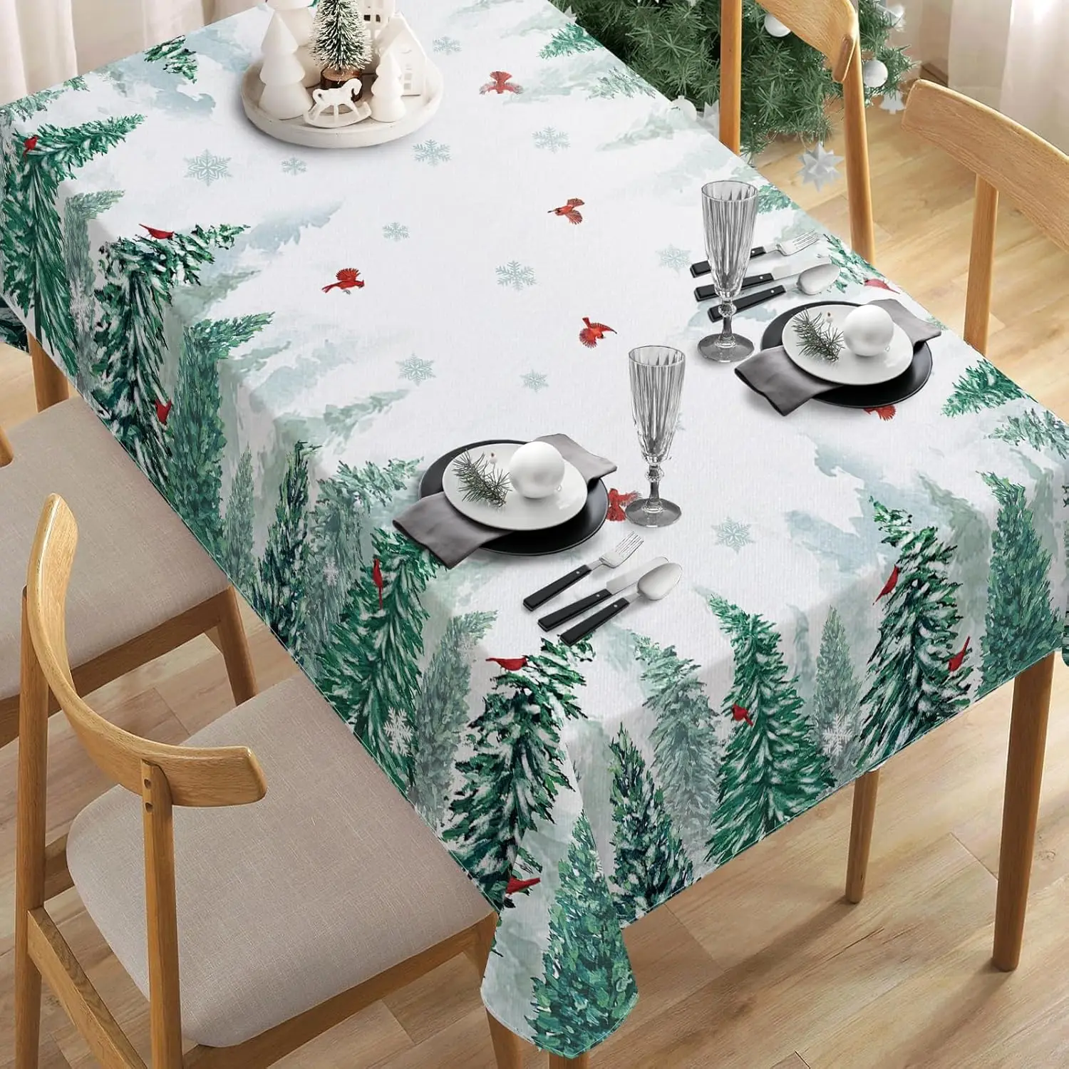 Christmas Forest Cardinal Pine Tree Rectangle Tablecloth for Table Decor Reusable Winter Kitchen Dining Tablecloth Xmas Decor