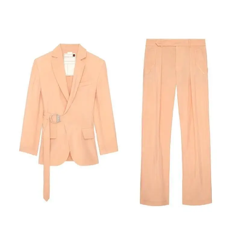 

Spring Autumn New Chic Elegant Women's Two-Piece Metal Belt Blazer Pleated Design Wide Leg Trousers Office Commuting Fashion2023