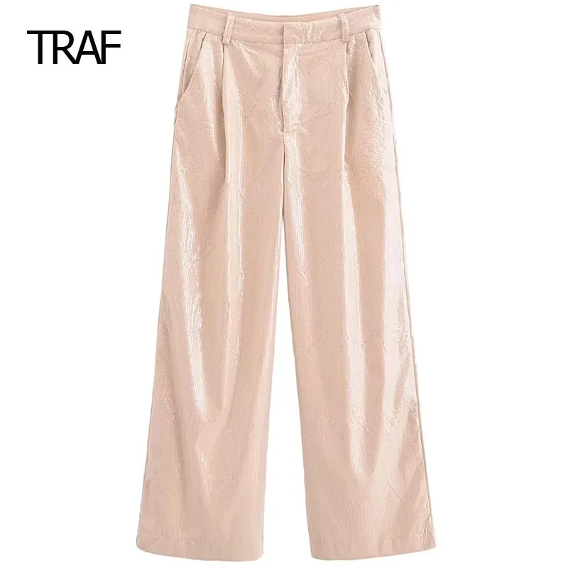 

TRAF Sequins Baggy Pant Women's Pants Spring Summer 2024 Mid Waist Wide Leg Aesthetic Trousers Elegant Female Pants New Arrivals