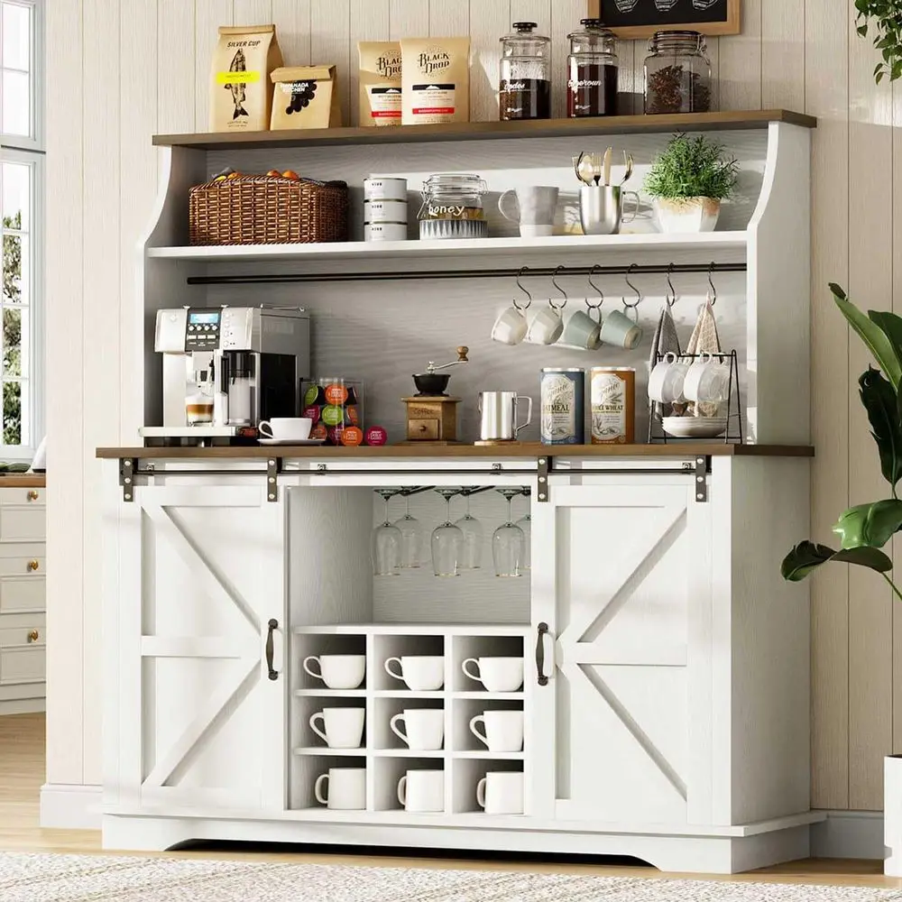 

47 White 3-Tier Storage Coffee Bar Cabinet with 9 Wine Racks and 3 Glass Holders, Ideal for Kitchen or Dining Area