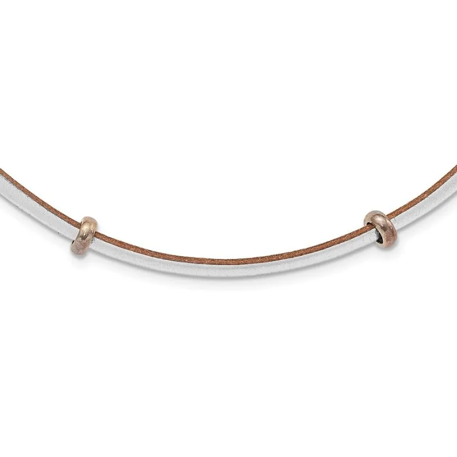 

Sterling Silver Polished Silver Tan Leather Cord Bead Necklace
