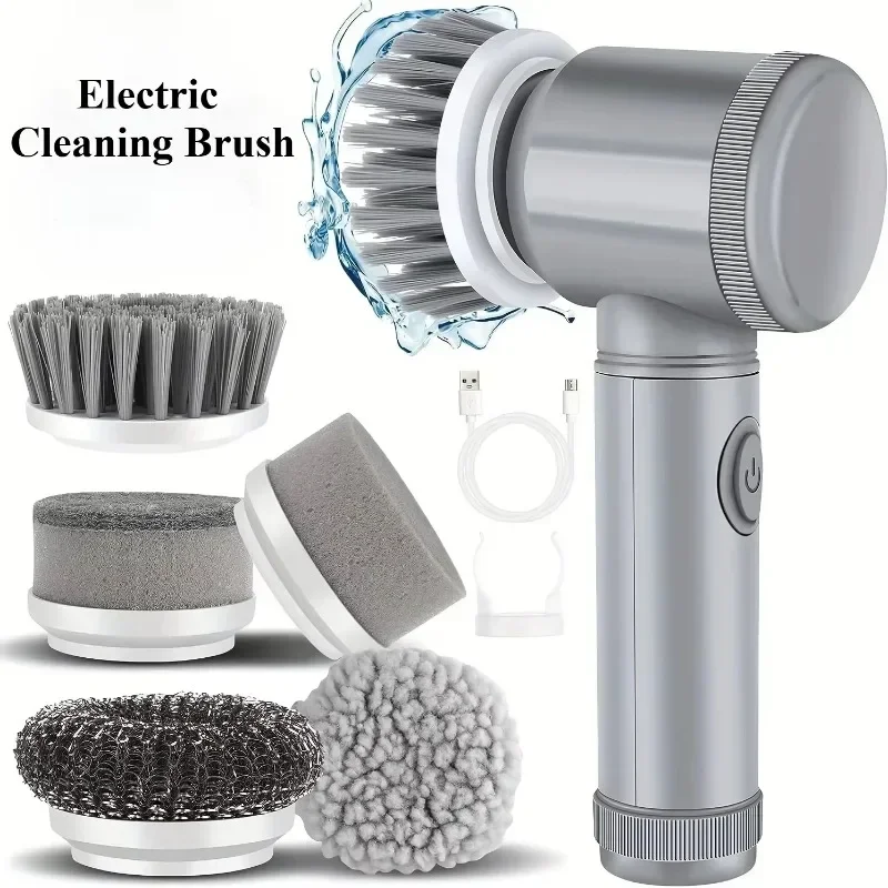 Electric Spin Scrubber Cordless Spin Scrubber with 5 Replaceable Brush Heads and Adjustable Extension Handle,5 in 1CleaningBrush