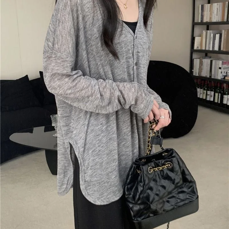 

Soft Knit V-Neck Cardigan, Lightweight Sheer Sun Protection Cover Up, Casual Lazy Style Long Sleeve Outerwear for Women