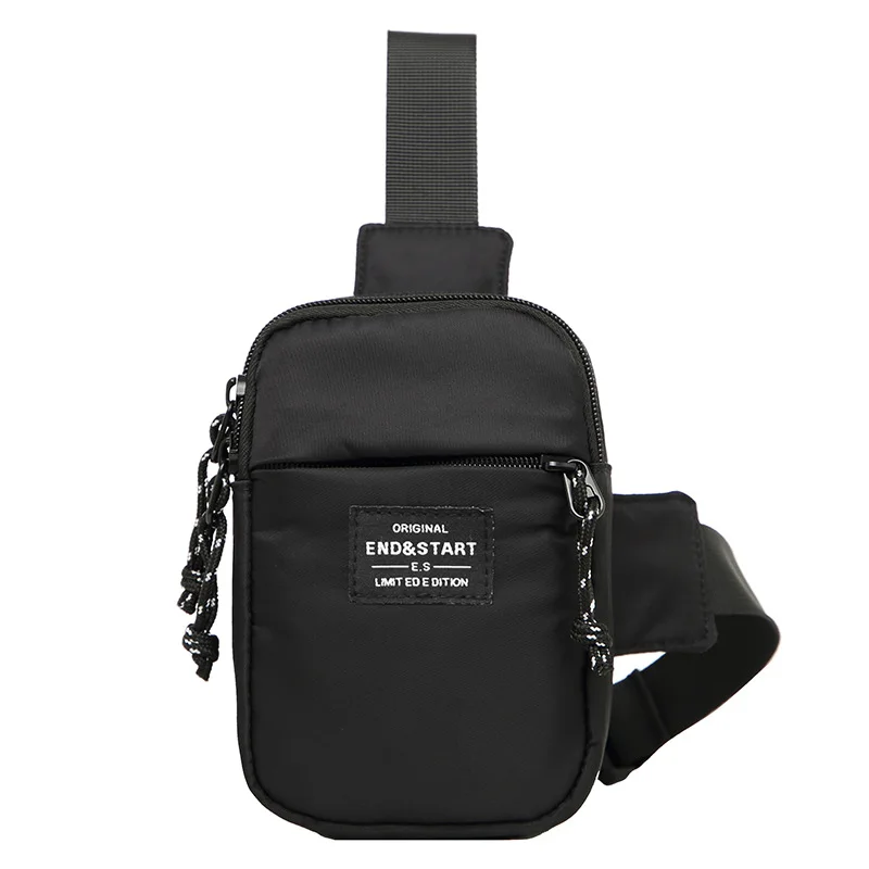 Men's Black Nylon Mini Crossbody Bag with Front Logo Patch and Zipper Pocket Casual Sling Chest Pack for Daily Travel