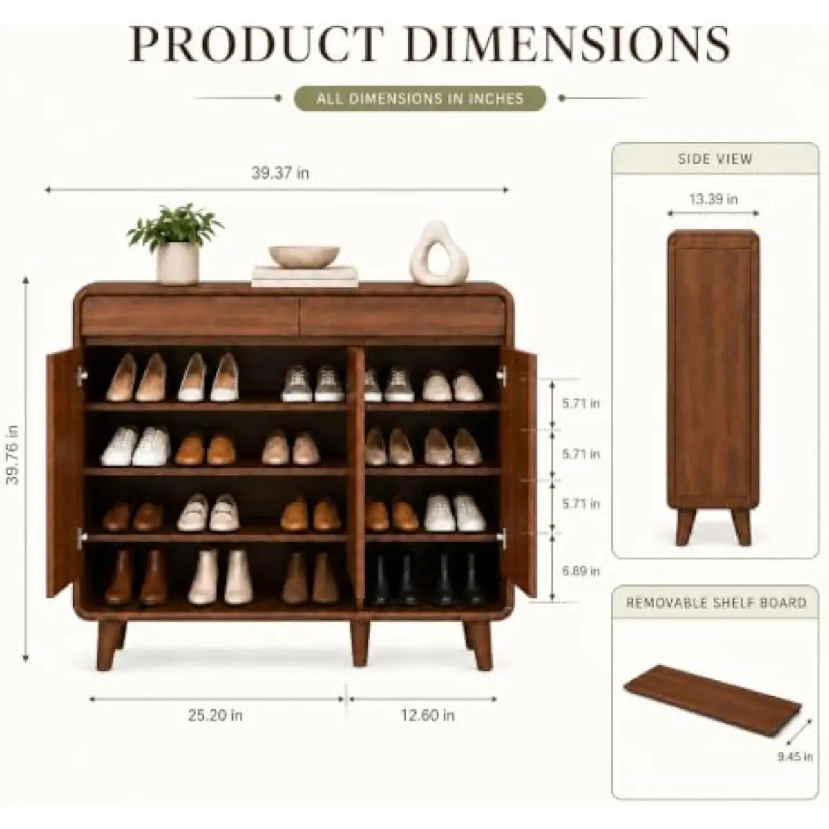 Freestanding engineered wood shoe cabinet with 3 concealed doors, 2 top drawers, adjustable interior shelves, ventilated back pa