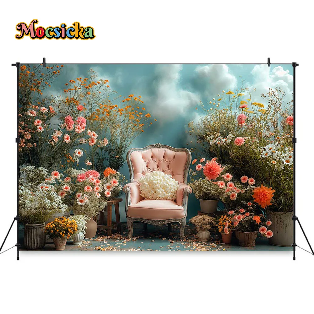 Mocsicka fondo de jardín para niña de las flores, sofá rosa, cielo azul, nubes, decoración, telón de fondo para recién nacido, Baby Show Photozone Studio