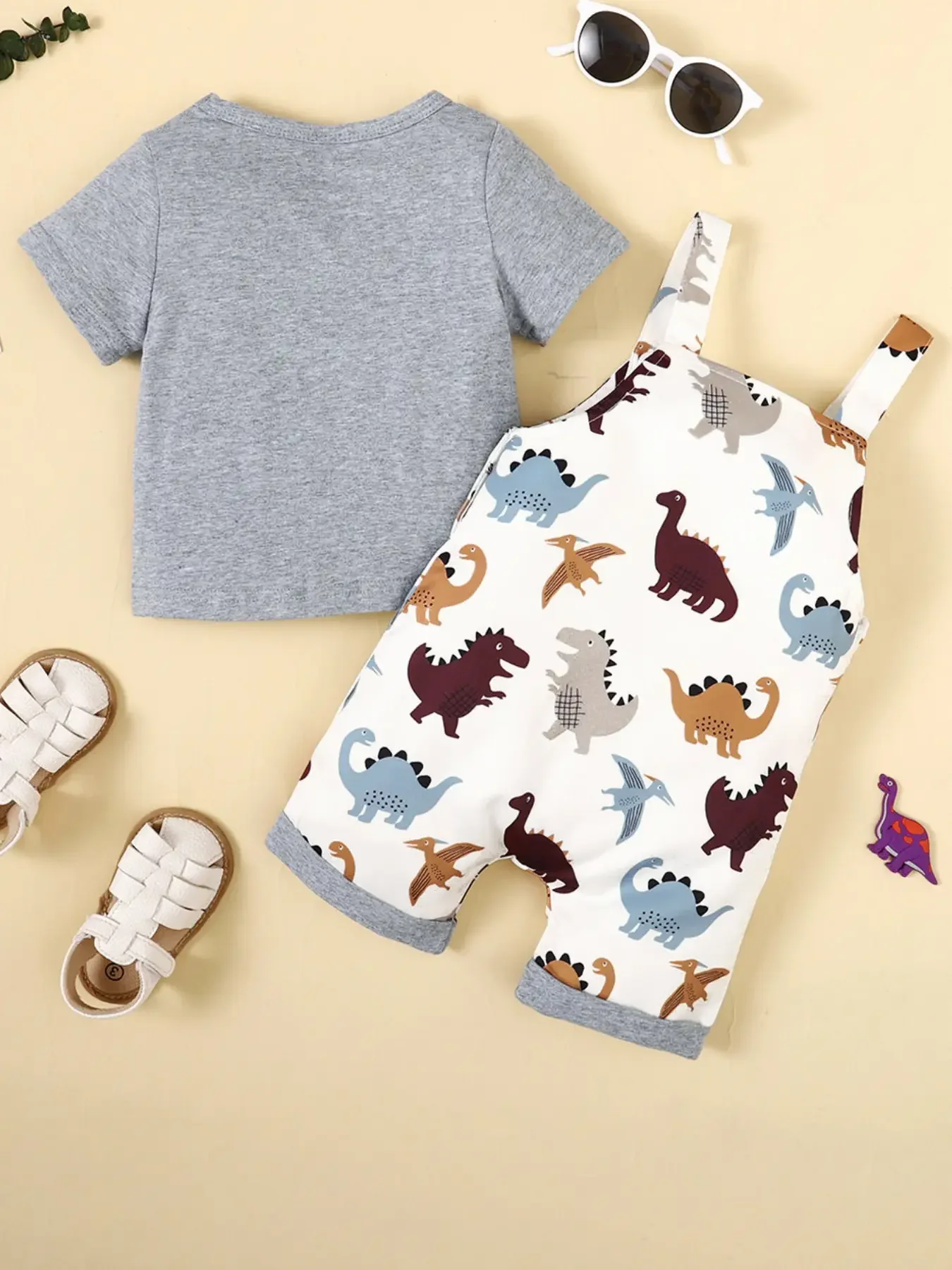 Summer Newborn Infant Baby Boys Short Sleeve T Shirt Dinosaur Print Jumpsuit With Straps 2pcs Baby Clothing