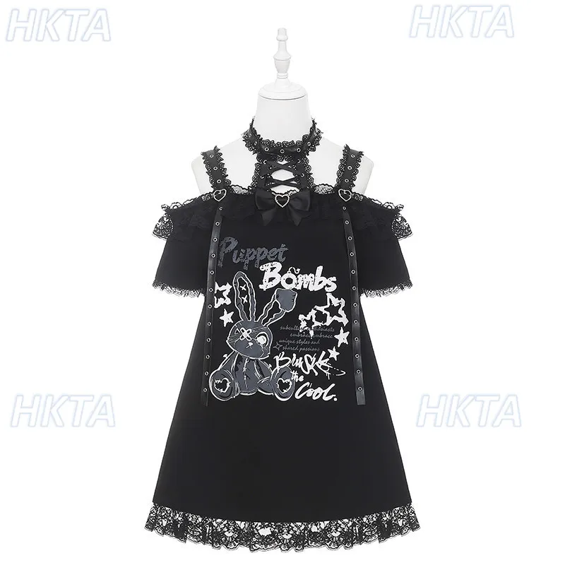 Dark Subculture Y2k Goth Sweet Cool Hot Girl Alphabet Print Lace Bow Collar Short Sleeve T shirt top Cake Skirt Black Sets Women view 6