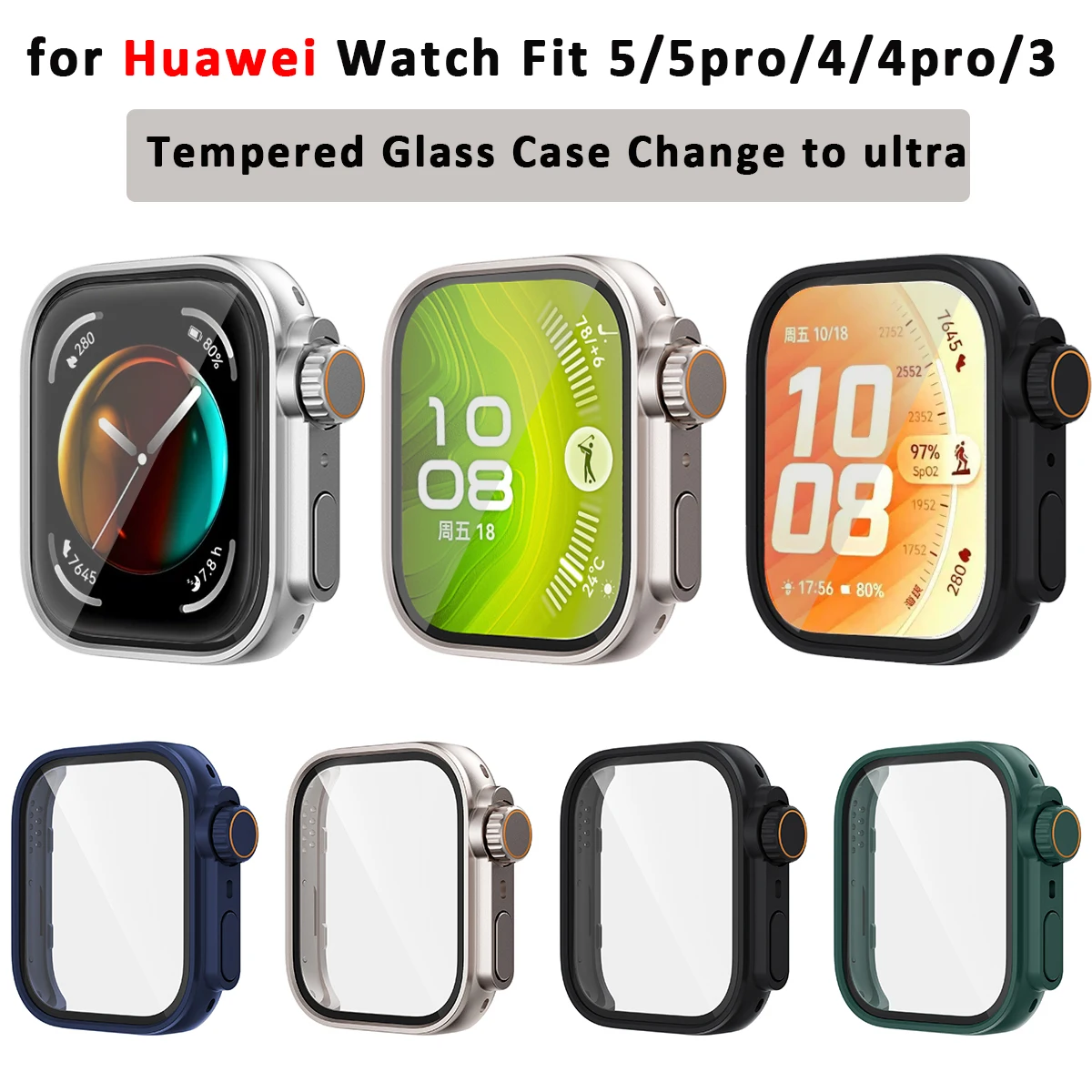 Gehärtetes Glasgehäuse für Huawei Watch Fit 5/5Pro, Umbau zum Ultra-Gehäuse für Huawei Fit 4/4Pro 3, Displayschutz, Stoßfänger-Rahmen