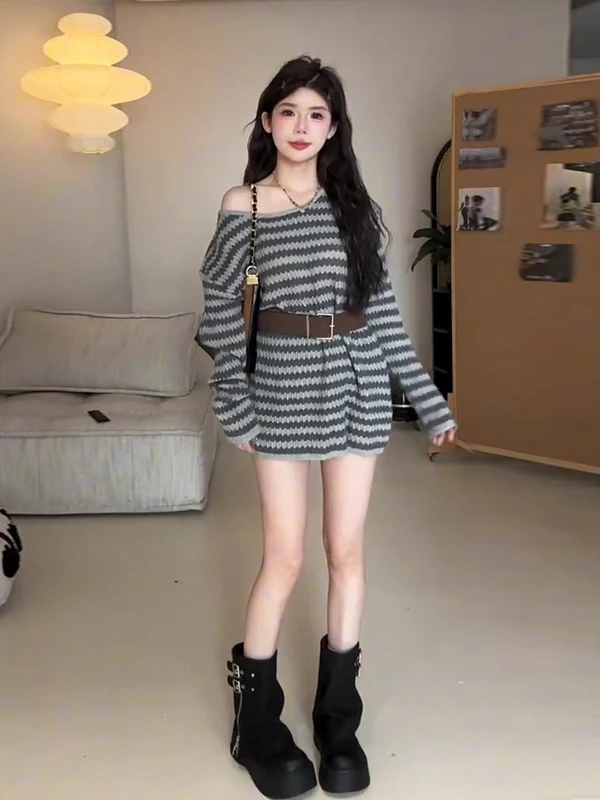 Suéter de Punto Retro de Manga Larga a Rayas con Hombros Descubiertos para Mujer, Estilo Hoado Informal con Cinturón, Noved...