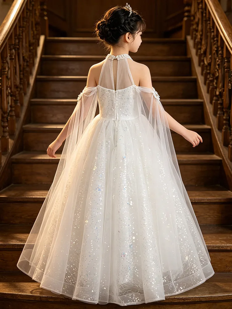 Custom Luxury Dress Flower Girl Wedding Pageant White Halter Embroidery Cape Tulle Kid Luxe Birthday Guest Formal Event Evening